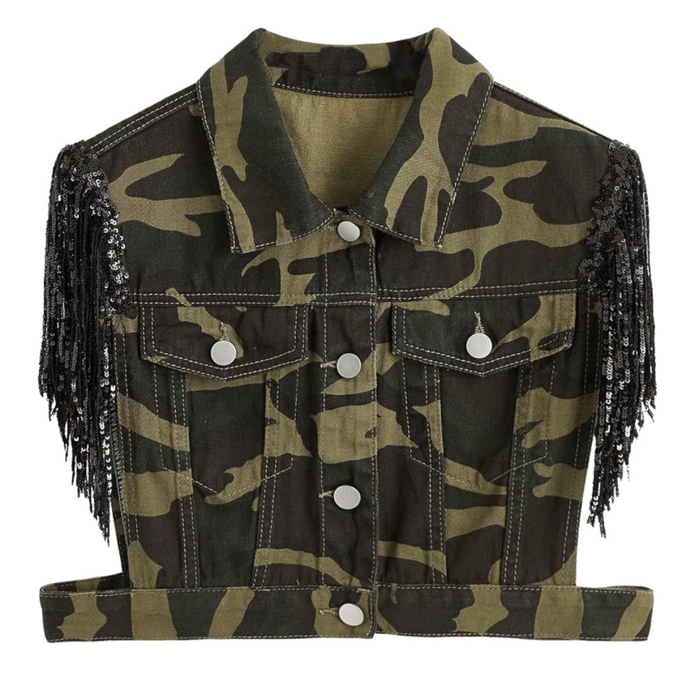 Women's Sequin Fringe Button Crop Camo Denim Slee… - image 1